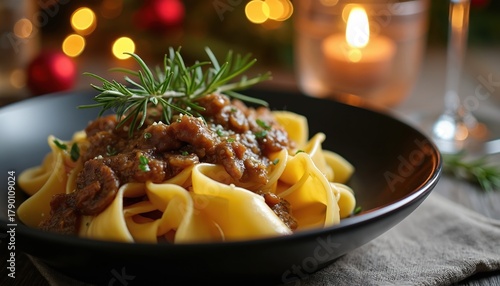 Delicious pappardelle pasta with wild mushroom ragu served in black bowl. Dish decorated with rosemary sprigs and truffle oil. Fine dining concept. Christmas festive table setting with candle.