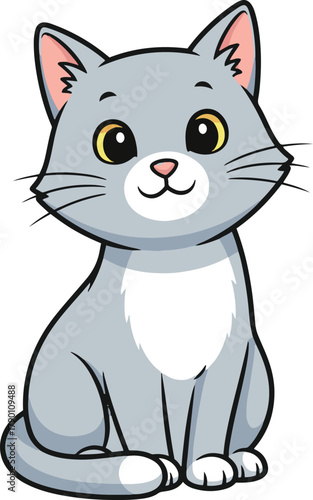 a cuddly gray and white kitten with large yellow eyes, sitting sweetly and looking forward.