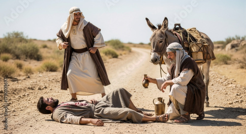 An evocative scene, two individuals attending to an injured person lying in the middle of a desolate road with a donkey nearby.