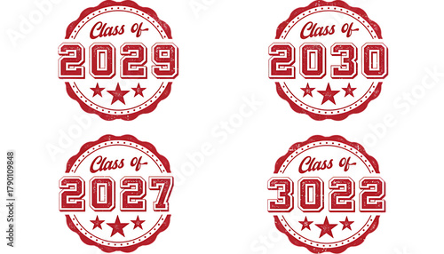 Four graduation year emblems for class of 2029 2030 2027 and 2022 isolated on transparent background