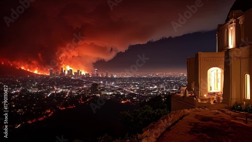 Distant city skyline glows amidst a fiery backdrop, casting an eerie light on the nearby structure during a dramatic night.