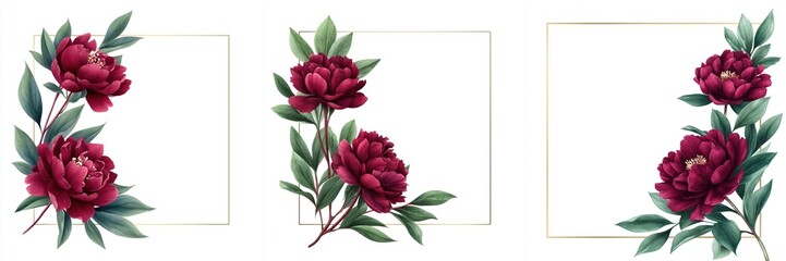 Elegant Burgundy Peony Floral Arrangements with Gold Frames