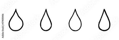Four Water Droplets Line Icon Set In Doodle Style. Hydration, Purity, And Water Conservation Outline Sketch Collection. Environmental Awareness. Hand Drawn Isolated Vector Illustration