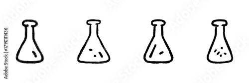 Laboratory Flask Line Icon Set In Doodle Style. Scientific Experimentation And Chemical Analysis Outline Sketch. Educational And Research Tool Illustration. Hand Drawn Isolated Vector Illustration