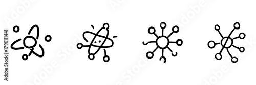 Atomic And Molecular Structure Line Icon Set In Doodle Style. Science, Chemistry, And Physics Concept Outline Sketch Collection. Hand Drawn Isolated Vector Illustration