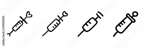 Syringe With Heart Line Icon Set In Doodle Style. Medical Care, Love, And Compassion In Healthcare Outline Sketch Collection. Hand Drawn Isolated Vector Illustration