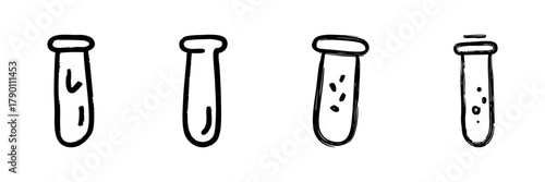 Test Tubes Line Icon Set In Doodle Style. Scientific Experimentation And Laboratory Analysis Outline Sketch Collection. Chemistry And Research Tools. Hand Drawn Isolated Vector Illustration