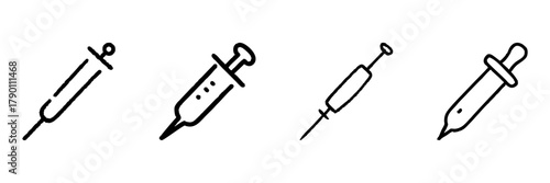 Syringe And Dropper Line Icon Set In Doodle Style. Medical Injection, Vaccination, And Liquid Dispensing Tools Outline Sketch Collection. Hand Drawn Isolated Vector Illustration