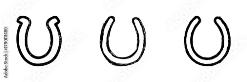 Horseshoe Line Icon Set In Doodle Style. Good Luck, Protection, And Fortune Symbol Outline Sketch Collection. Equestrian And Decorative Charm. Hand Drawn Isolated Vector Illustration