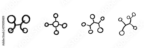 Molecule Structure Line Icon Set In Doodle Style. Chemical Bonding And Molecular Interaction Outline Sketch. Scientific And Educational Illustration. Hand Drawn Isolated Vector Illustration