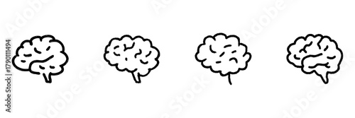 Brain Line Icon Set In Doodle Style. Cognitive Function, Intelligence, And Mental Health Outline Sketch Collection. Neuroscience And Psychology Concepts. Hand Drawn Isolated Vector Illustration
