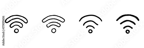 Wifi Signal Strength Line Icon Set In Doodle Style. Wireless Connectivity And Internet Access Outline Sketch Collection. Network Signal Levels Representation. Hand Drawn Isolated Vector Illustration