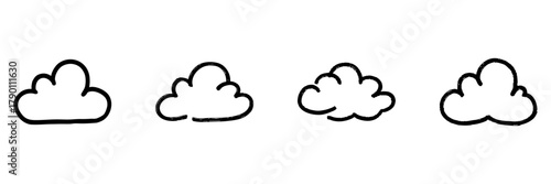 Cloud Line Icon Set In Doodle Style. Weather Forecasting And Atmospheric Conditions Outline Sketch Collection. Hand Drawn Isolated Vector Illustration