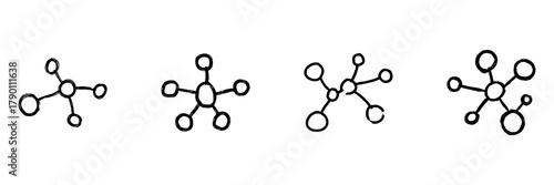 Molecule Structure Line Icon Set In Doodle Style. Chemical Bonding And Molecular Interaction Outline Sketch. Scientific And Educational Illustration. Hand Drawn Isolated Vector Illustration