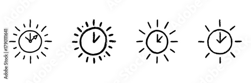 Clock With Sunburst Line Icon Set In Doodle Style. Time Management, Daylight Saving, And Energy Efficiency Outline Sketch Collection. Hand Drawn Isolated Vector Illustration
