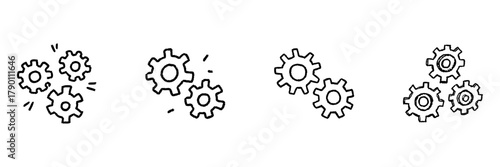 Three Gear Icons Line Set In Doodle Style. Mechanical Engineering, Process Optimization, And System Integration Outline Sketch Collection. Hand Drawn Isolated Vector Illustration