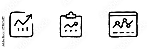 Line Graph And Chart Icons In Doodle Style. Data Analysis, Business Growth, And Performance Tracking Outline Sketch Collection. Hand Drawn Isolated Vector Illustration