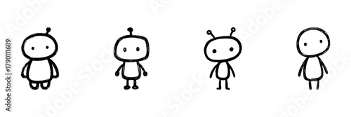 Cute Robot Characters Line Icon Set In Doodle Style. Playful And Friendly Robot Designs Outline Sketch Collection. Hand Drawn Isolated Vector Illustration