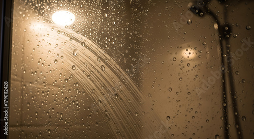 Shower glass with water droplets and soft light reflections  