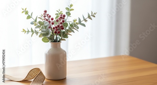 Wallpaper Mural Vase with greenery and berries on wooden table in bright room   Torontodigital.ca