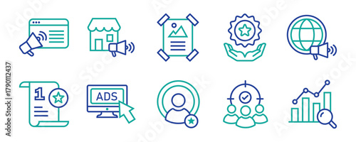 Marketing icon set. Collection of business strategy, advertising, Customer Targeting, Analytics, Influencer Marketing, PPC Campaign, and digital marketing symbols. Flat vector illustration.