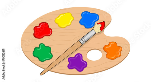 A wooden artist's palette with blobs of red, yellow, green, purple, and orange paint, and a paintbrush with red paint on the bristles.