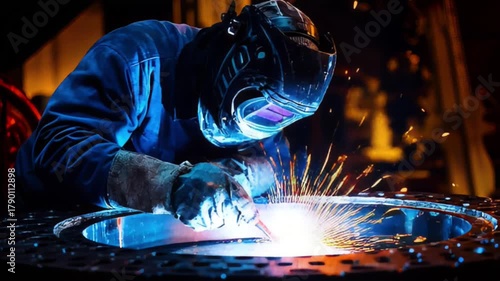 Intense blue light and sparks fly as a skilled worker welds metal with focused precision, showcasing industrial craftsmanship and safety measures.