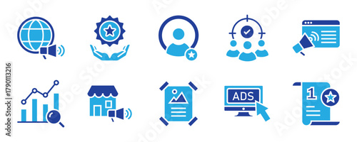 Marketing icon set. Collection of business strategy, advertising, Customer Targeting, Analytics, Influencer Marketing, PPC Campaign, and digital marketing symbols. Flat vector illustration.