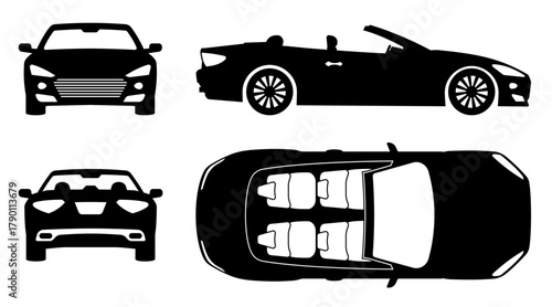 Convertible car shown from four different angles side, front, rear, and top view. Simple, clean silhouette for easy use in design projects.