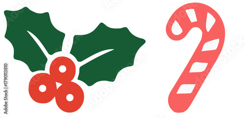 Festive Christmas Icons: Classic Holly Leaves with Red Berries and Striped Candy Cane Illustration on White Background
