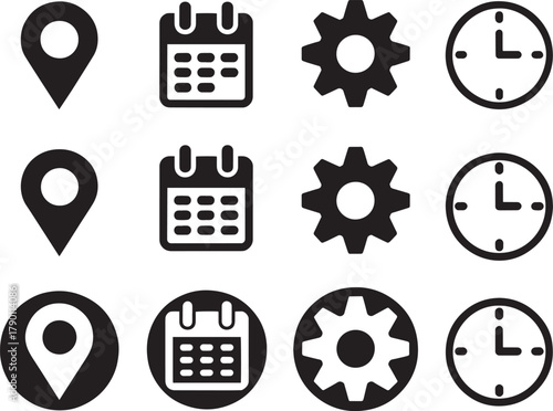 Minimal UI Icon Set – Location, Calendar, Gear, Clock Variants
