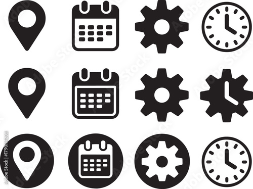 Minimal UI Icon Set – Location, Calendar, Gear, Clock Variants