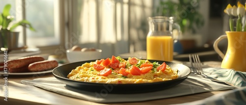 Fototapeta Naklejka Na Ścianę i Meble -  Elegant breakfast arrangement with scrambled eggs