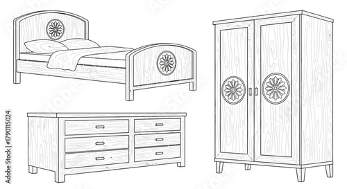 Sketch of a bedroom set including a bed dresser and wardrobe