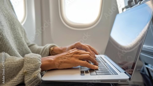 Individual typing on a laptop while seated by the airplane window, showcasing focused work and travel ambiance, camera zooms in on hands