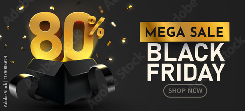 Black Friday Mega Sale banner with 80 percents discount in a gift box, featuring golden confetti on a dark background. Vector illustration
