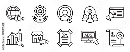 Marketing icon set. Collection of business strategy, advertising, Customer Targeting, Analytics, Influencer Marketing, PPC Campaign, and digital marketing symbols. Flat vector illustration.