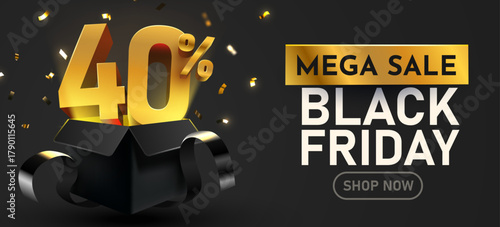 Black Friday Mega Sale banner with 40 percents discount in a gift box, featuring golden confetti on a dark background. Vector illustration