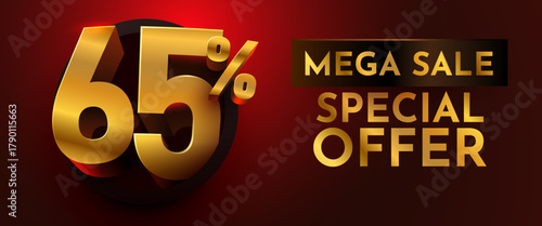 Golden 65 discount special offer with Mega Sale text on a luxurious dark red background. Ideal for promotions and advertising banners. Vector illustration