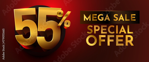 Golden 55 discount special offer with Mega Sale text on a luxurious dark red background. Ideal for promotions and advertising banners. Vector illustration