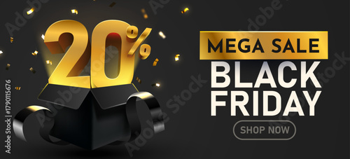 Black Friday Mega Sale banner with 20 percents discount in a gift box, featuring golden confetti on a dark background. Vector illustration