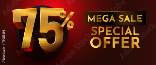 Golden 75 discount special offer with Mega Sale text on a luxurious dark red background. Ideal for promotions and advertising banners. Vector illustration