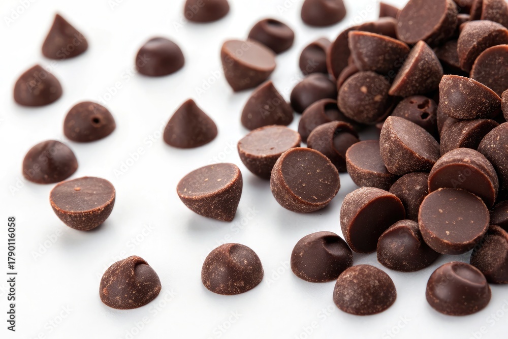 Naklejka premium Delicious Dark Chocolate Chips Scattered on a Clean Surface for Baking