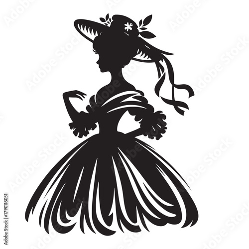 Silhouette of Victorian Woman with Flowers Elegant Lady in Gown with Floral Adornments 19th Century Fashion Noblewoman in Formal Dress