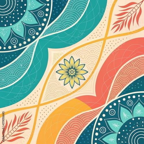 Vibrant abstract mandala design with tropical leaf accents and swirling patterns