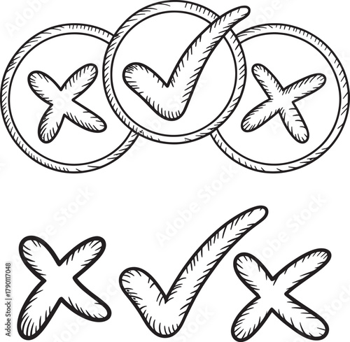 Checkmark and cross mark hand drawn icons