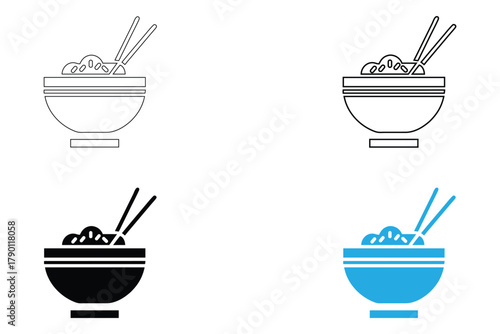 Rice bowl icon vector, rice bowl chopsticks vector, silhouette and line art