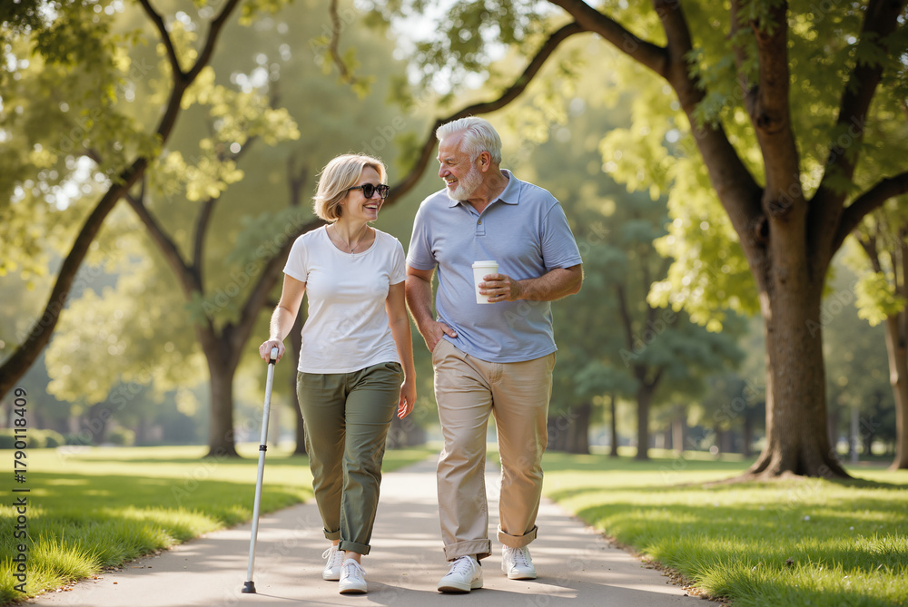 Fototapeta premium Elderly Blind Couple Walking Together in Park – Woman with White Cane and Man with Coffee Cup for Disability Awareness, International White Cane Day, and Supportive Relationship Representation