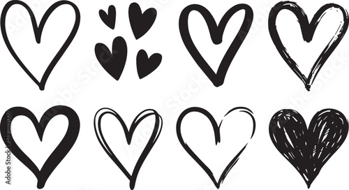 Hand-Drawn Heart Icon Set – Black Ink Doodles with Varied Styles and Textures for Emotional and Artistic Design
