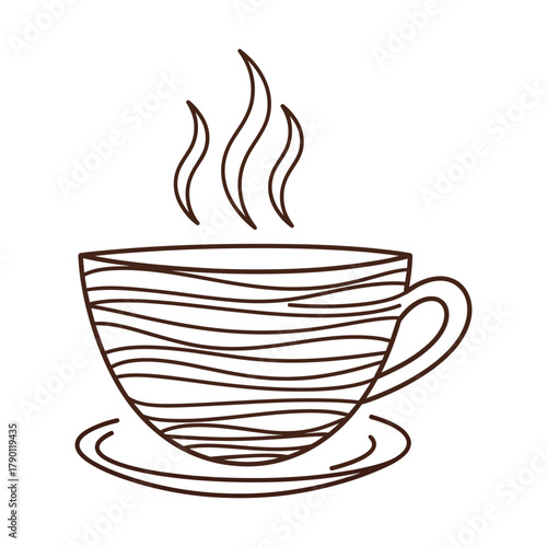 Brown outline drawing of a steaming coffee cup isolated on white background